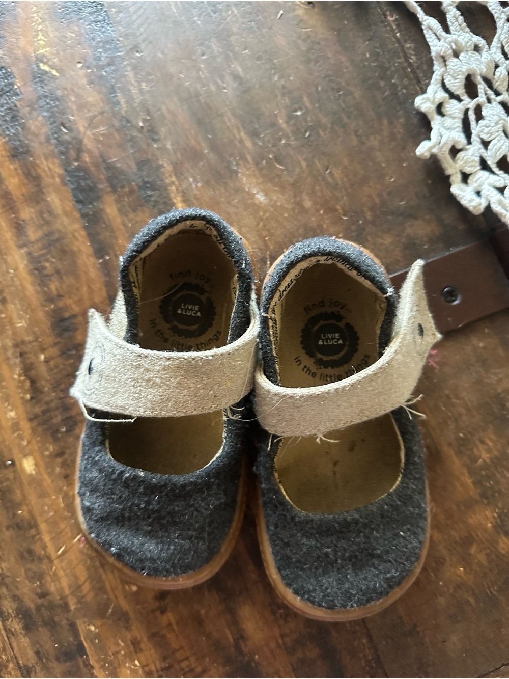 Livie & Luca Charcoal Wool Mary Janes with Tan Strap
